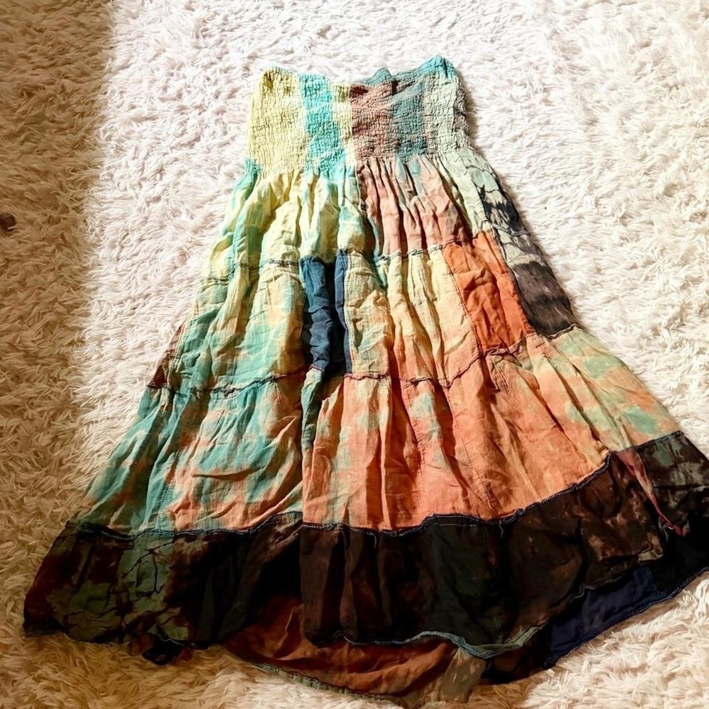 Lightweight Whimsical Tie Dye Patchwork Granola Strapless Dress Womens S Boho